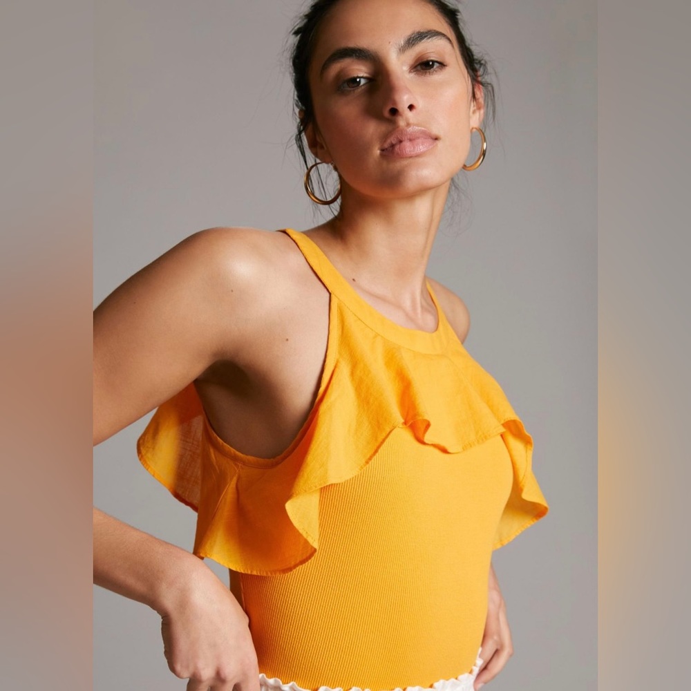 Maeve Anthropologie Mango Orange Ribbed Ruffle Tank Top